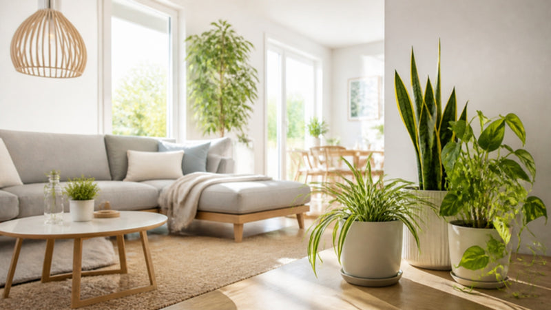 Helles Wohnzimmer mit Bogenhanf, Efeutute und Grünlilie