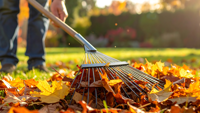 Rasen mit Herbstlaub – Garten im Herbst vorbereiten