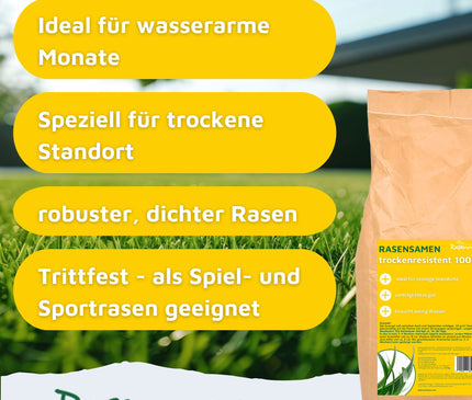 Rasenmax Rasensamen trockenresistent - Grassamen für trockene Standorte, 2,5 kg, 100 m2